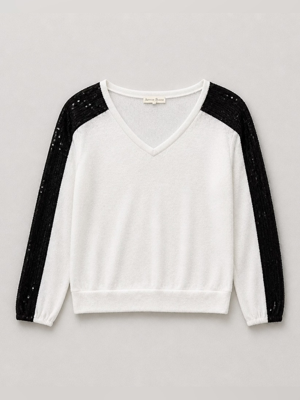 Lace-Trim V-Neck Sweater in White and Black Sequin